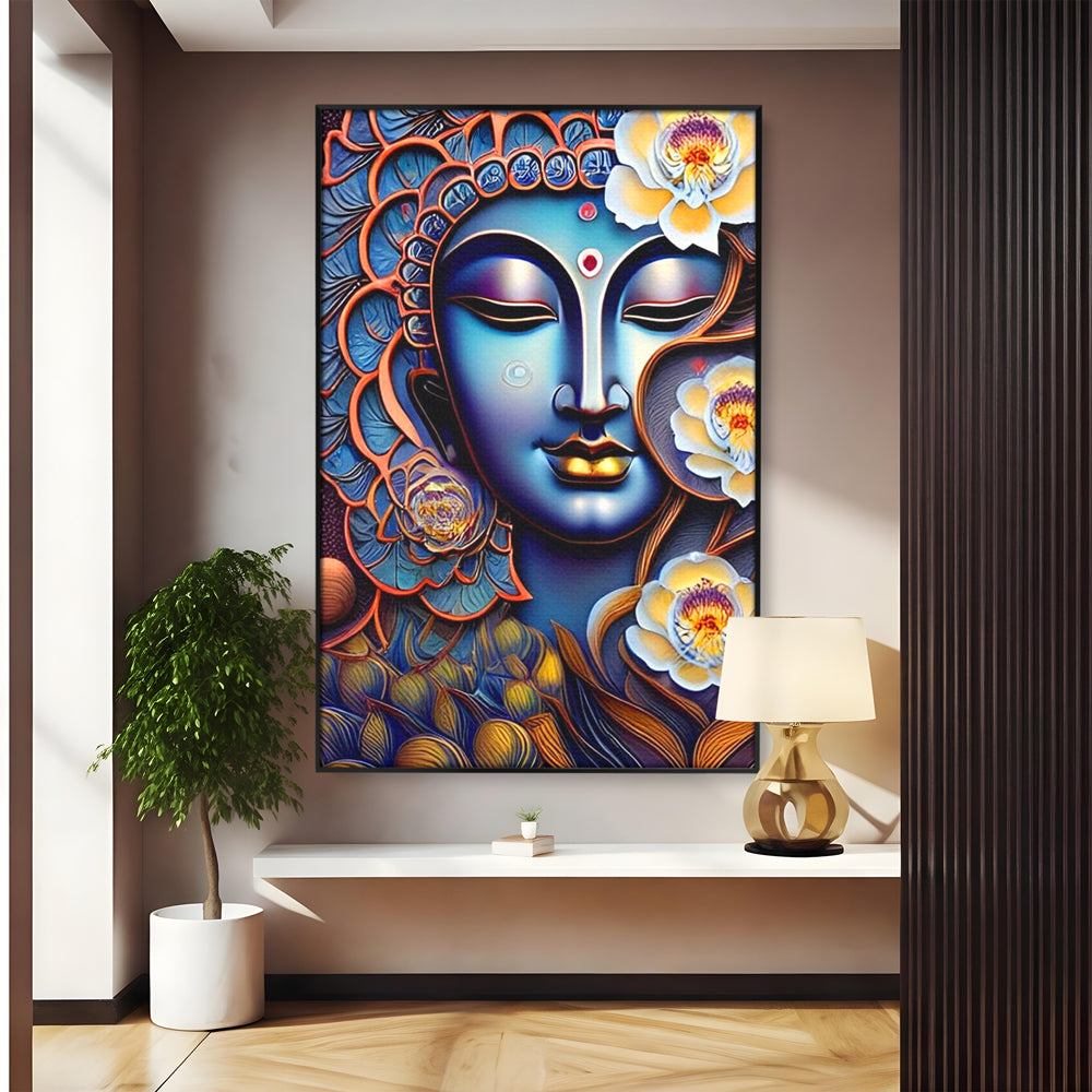 Tablou canvas cu tablou canvas cu portretul lui buddha, in rama de aluminiu negru